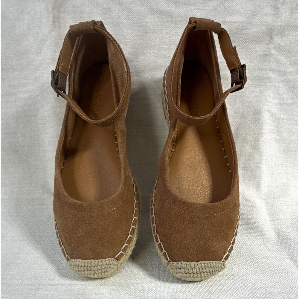 Crown Vintage Brown Suede Espadrille Flats Round Toe Ankle Strap Buckle 6M